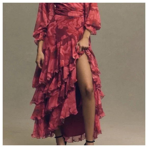 NWT Anthropologie Hutch Kya Long-Sleeve V-Neck Printed Tiered Wrap Maxi Dress XS - Picture 3 of 17